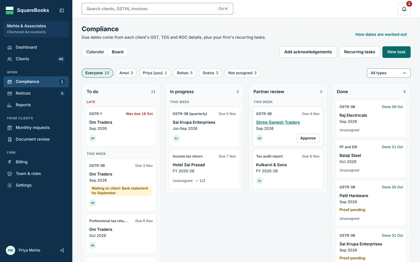 Compliance task board with filings in To do, In progress, Partner review and Done columns